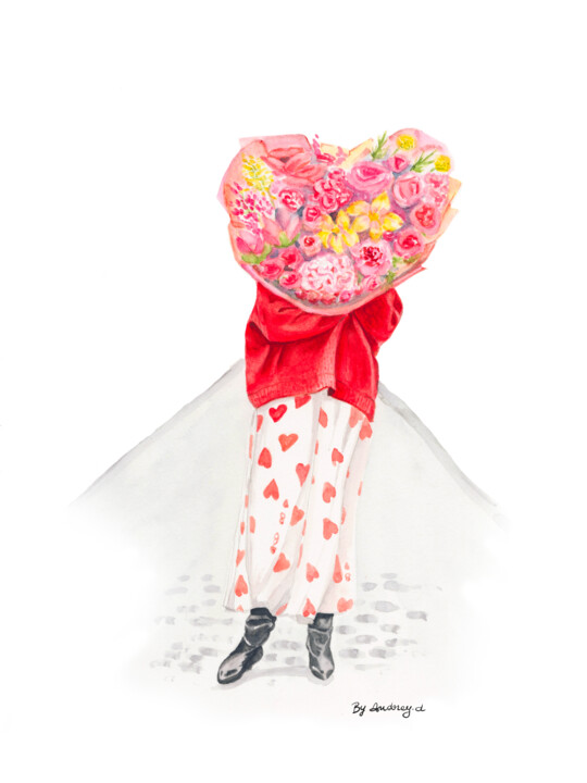 Ζωγραφική με τίτλο "Valentine's Day in…" από Audrey Dostes, Αυθεντικά έργα τέχνης, Ακουαρέλα