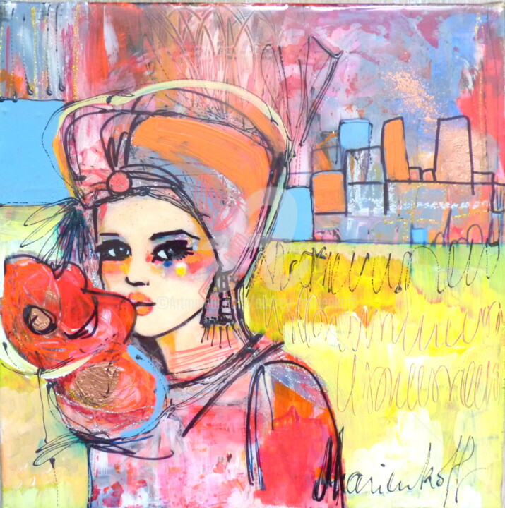 Painting titled "Rose" by Audrey Marienkoff, Original Artwork, Acrylic Mounted on Wood Stretcher frame