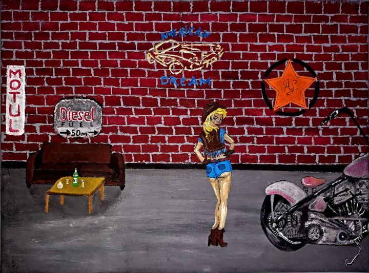 Ζωγραφική με τίτλο "Moto biker retro" από Audrey Matignon, Αυθεντικά έργα τέχνης, Ακουαρέλα Τοποθετήθηκε στο Ξύλινο φορείο σ…
