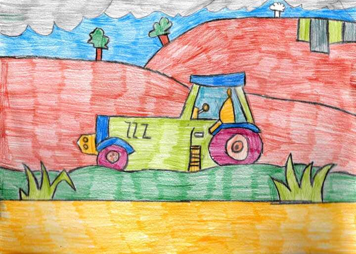 Dessin intitulée "le tracteur au mili…" par Audrey Segura, Œuvre d'art originale