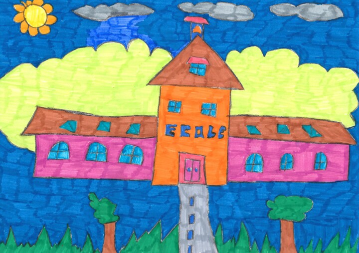 Dessin intitulée "école au milieu d'u…" par Audrey Segura, Œuvre d'art originale, Crayon