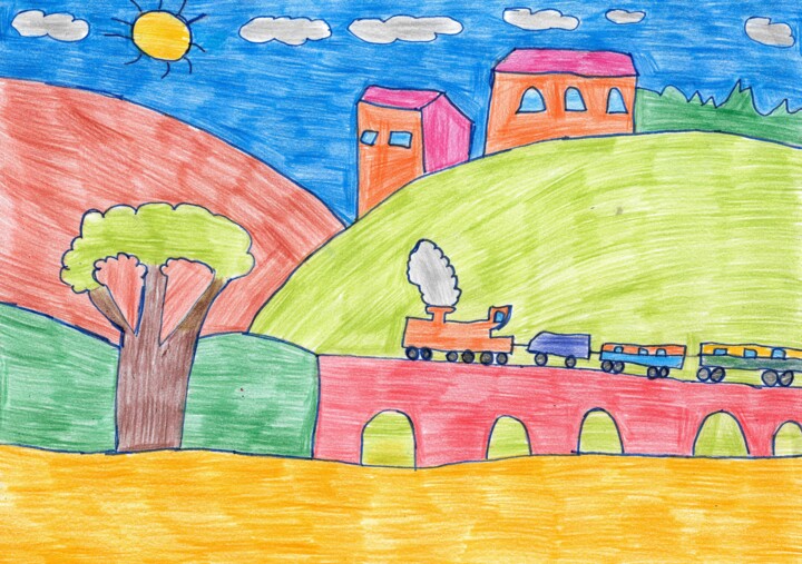 Dessin intitulée "le train sur le pont" par Audrey Segura, Œuvre d'art originale, Crayon
