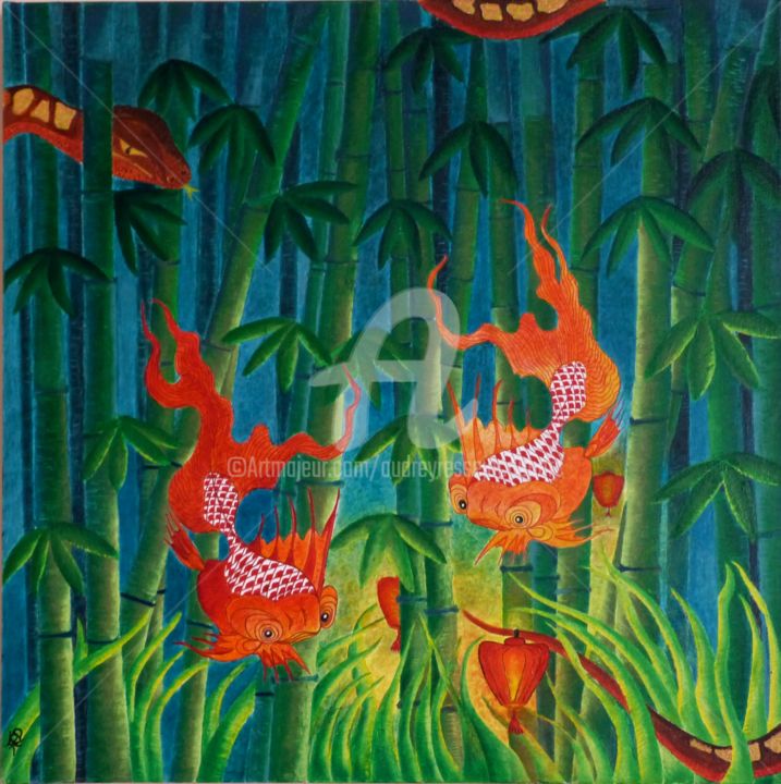 Peinture intitulée "poissons Ming en pe…" par Audrey Ressejac-Duparc, Œuvre d'art originale