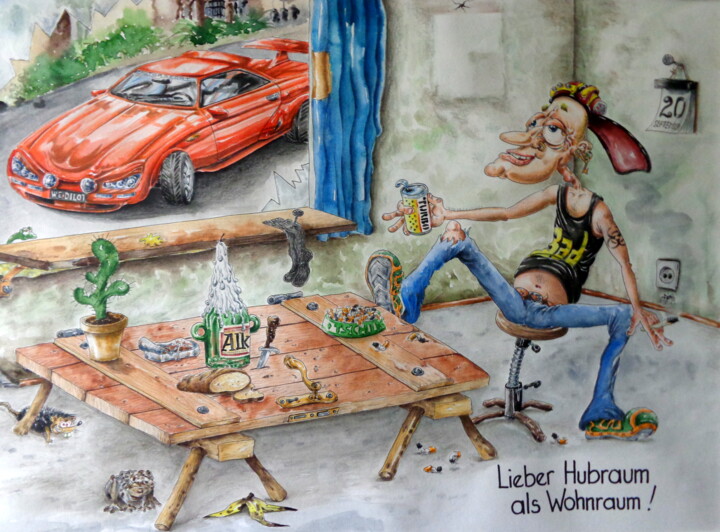 Malerei mit dem Titel "Lieber Hubraum als…" von August Di Lena, Original-Kunstwerk, Aquarell