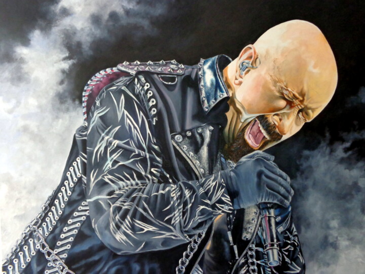 Painting titled "Rob Halford (JUDAS…" by August Di Lena, Original Artwork, Acrylic Mounted on Wood Stretcher frame