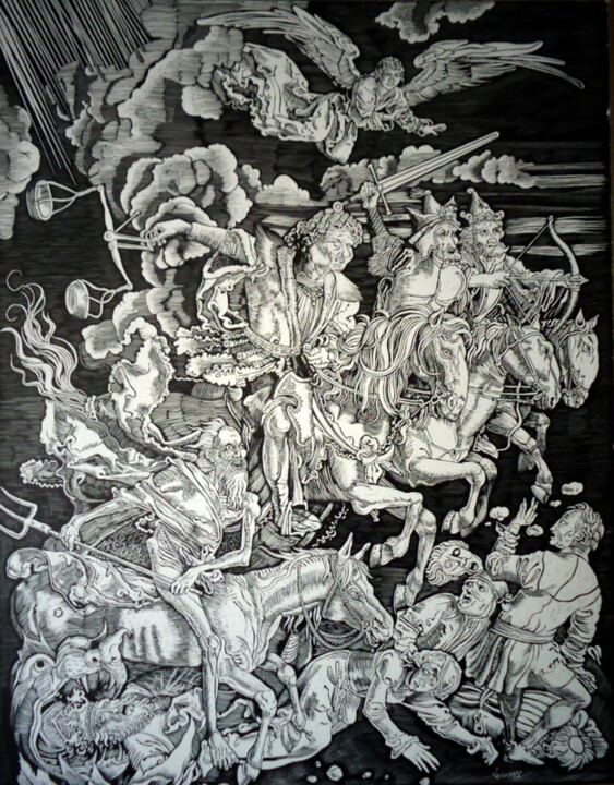 Druckgrafik mit dem Titel "Die apokalyptischen…" von August Di Lena, Original-Kunstwerk, Monotypie