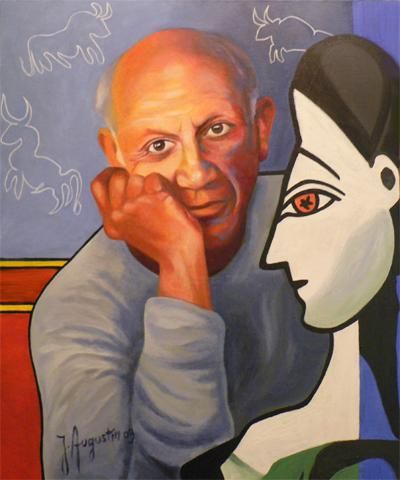 Schilderij getiteld "Pablo et Jacqueline" door James Augustin, Origineel Kunstwerk, Olie