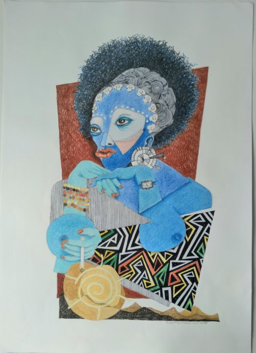 Dibujo titulada "mulher azul" por Augusto Paulo, Obra de arte original, Lápiz