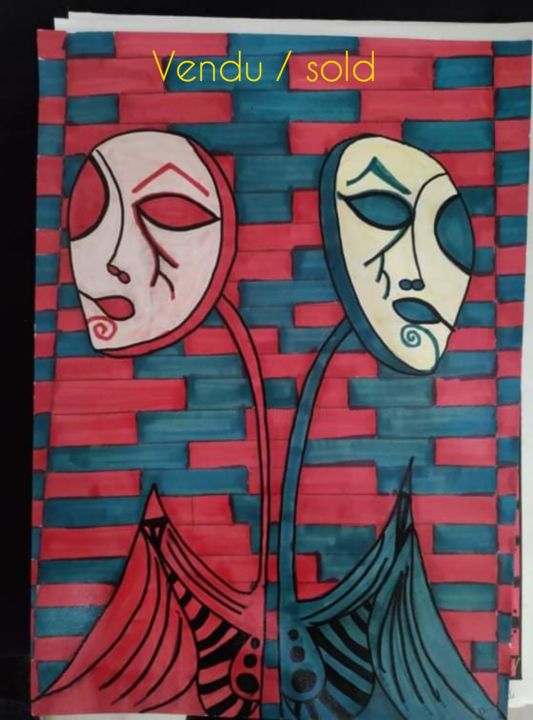 Peinture intitulée "Double masque" par Aurelie Deville, Œuvre d'art originale, Marqueur