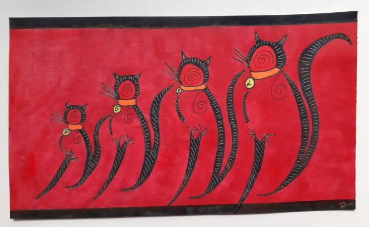 Drawing titled "Chats rouges" by Aurelie Deville, Original Art, Marker