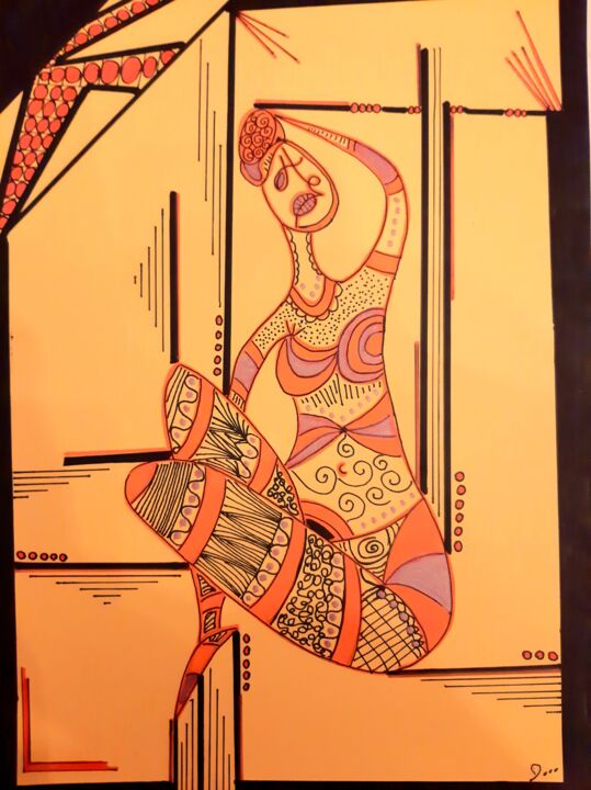 Drawing titled "Femme jaune" by Aurelie Deville, Original Art, Marker