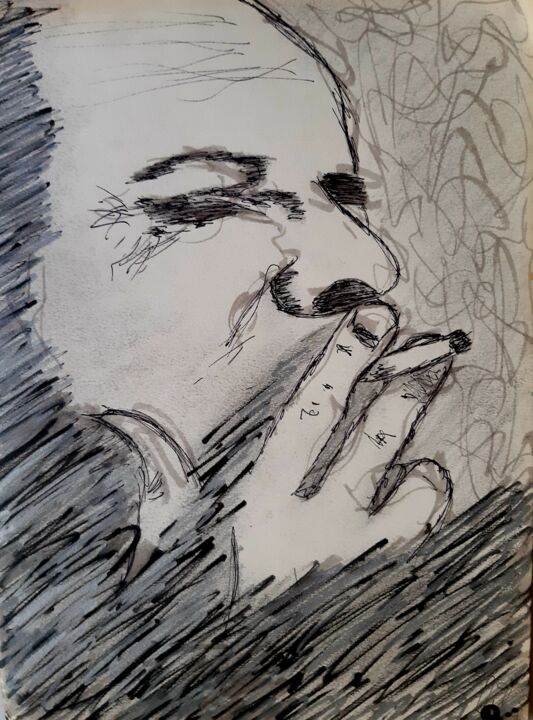 Drawing titled "L'homme à la cigare…" by Aurelie Deville, Original Art, Pencil