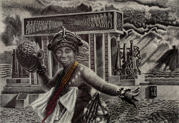 Drawing titled "HOUEGBE" by Aureal Eugénio Dossou, Original Artwork, Ballpoint pen