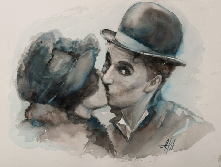Malerei mit dem Titel "Charlie's kiss" von Aurelia Ki, Original-Kunstwerk, Aquarell