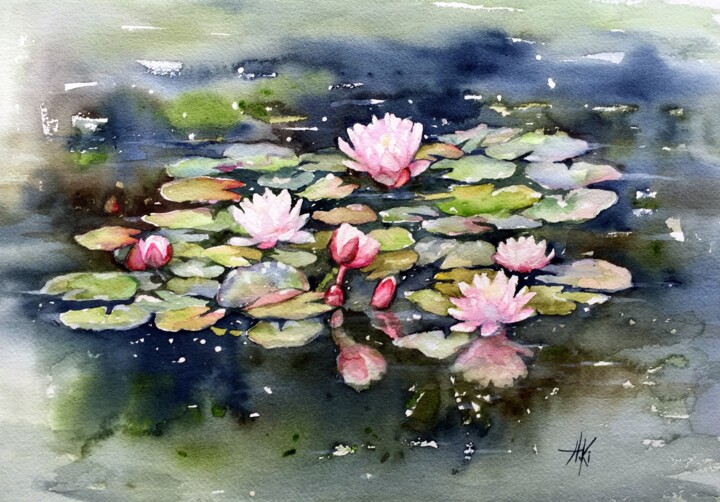 Painting titled "The bloom of the wa…" by Aurelia Ki, Original Artwork, Watercolor