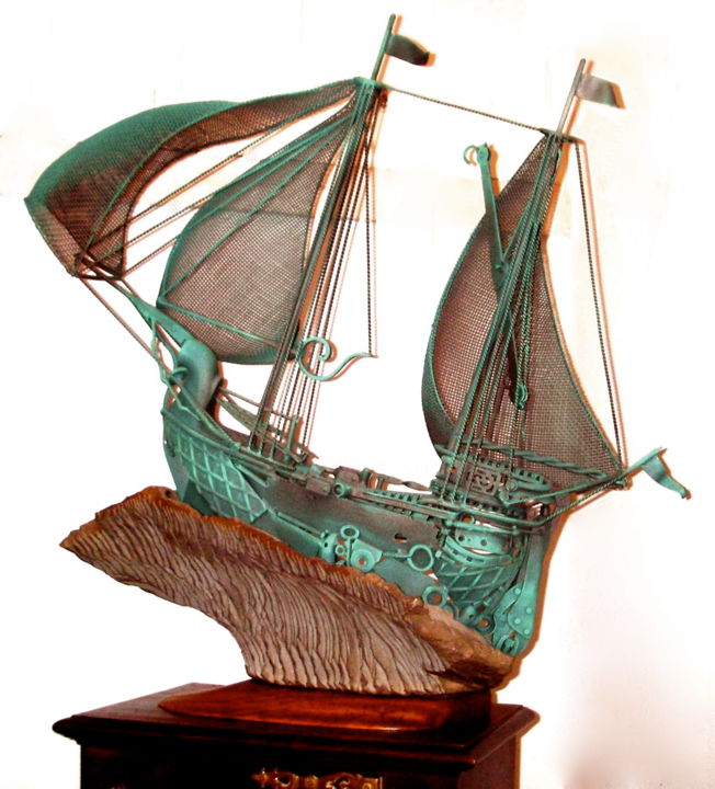 Skulptur mit dem Titel "Portuguese caravela" von Aureliano De Aguiar, Original-Kunstwerk, Metalle