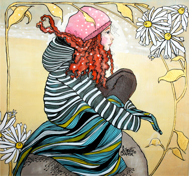 Painting titled "sur un rocher" by Aurelie Chauvin, Original Artwork, Acrylic Mounted on Wood Panel