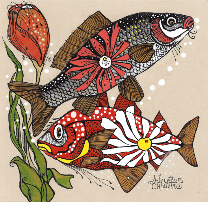 Painting titled "poisson-margueritte…" by Aurelie Chauvin, Original Artwork, Acrylic