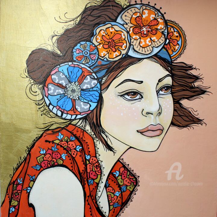 Painting titled "BAIGNEUSE COURONNE…" by Aurelie Chauvin, Original Artwork, Acrylic Mounted on Wood Panel