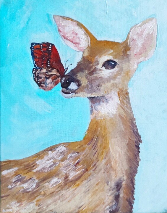 Pintura intitulada "La biche au papillon" por Aurélie Dubois, Obras de arte originais, Acrílico