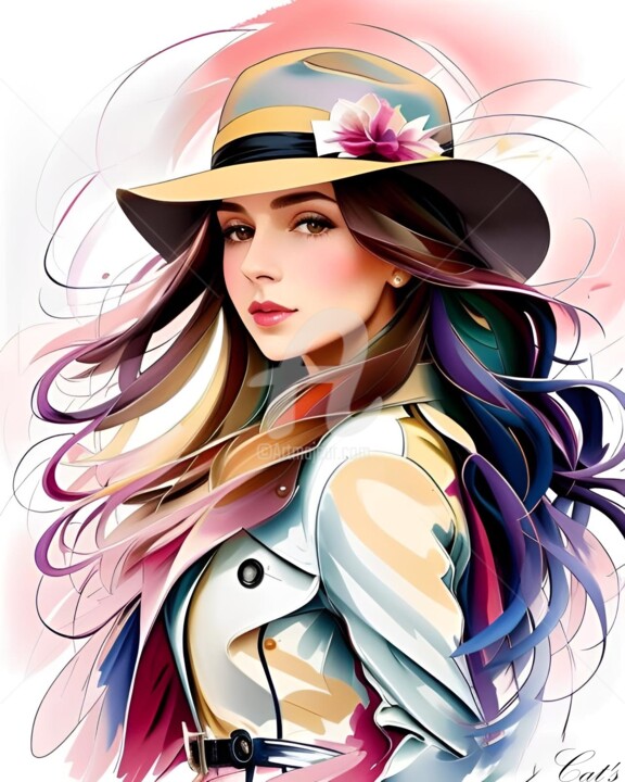 Digital Arts titled "Femme au chapeau" by Aurélie Lebeau El Rhazal (Cat's), Original Artwork, Digital Painting