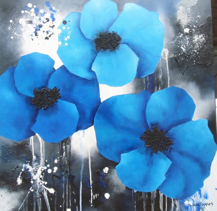 Pintura titulada "GRANDS PAVOTS BLEUS…" por Aurelie Pfaadt Ladypoppies, Obra de arte original, Oleo