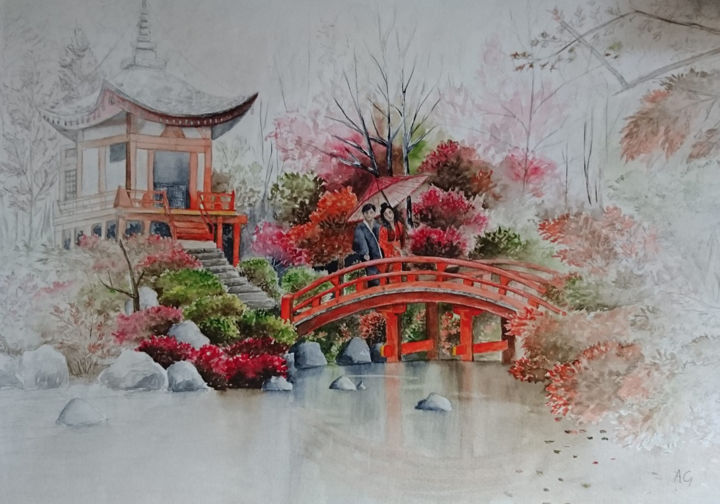 Painting titled "Love in Kyoto" by Aurélie Giraud, Original Artwork, Watercolor