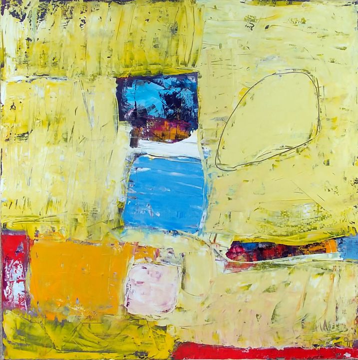 Malerei mit dem Titel "toile-jaune-au-carr…" von Aurélie Jeannin, Original-Kunstwerk, Öl Auf Keilrahmen aus Holz montiert