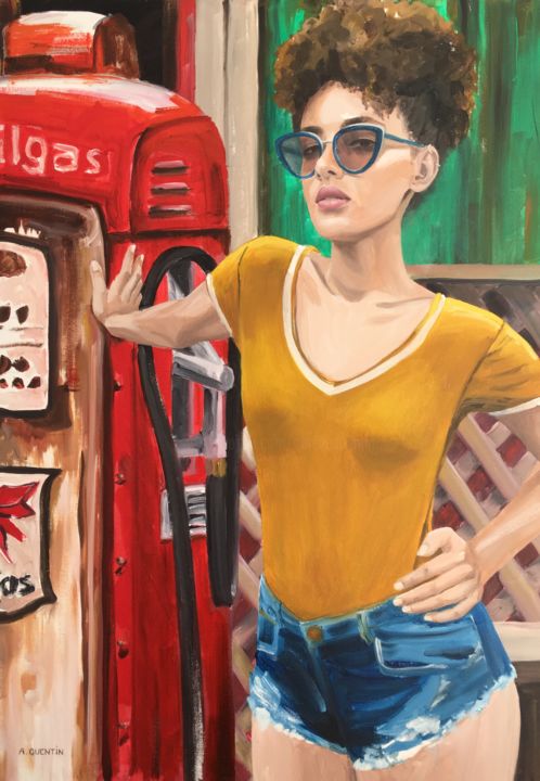 Painting titled "Gas Station" by Aurélie Quentin, Original Artwork, Oil Mounted on Wood Stretcher frame