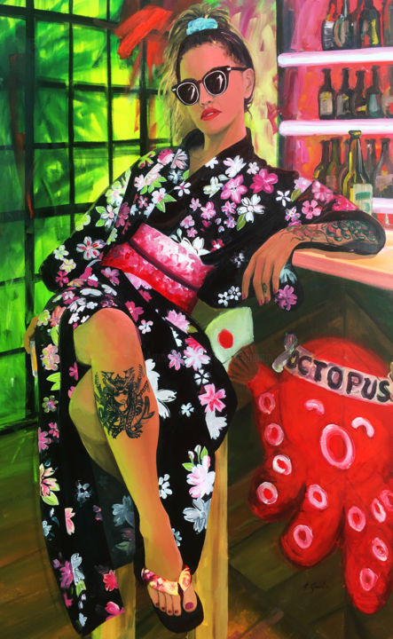 Painting titled "Poulpeuse Geisha" by Aurélie Quentin, Original Artwork, Oil Mounted on Wood Stretcher frame