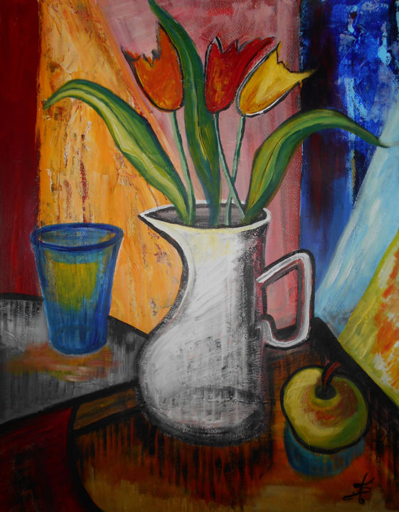 Peinture intitulée "Le Broc aux tulipes" par Aurélie Sarrazin, Œuvre d'art originale, Acrylique