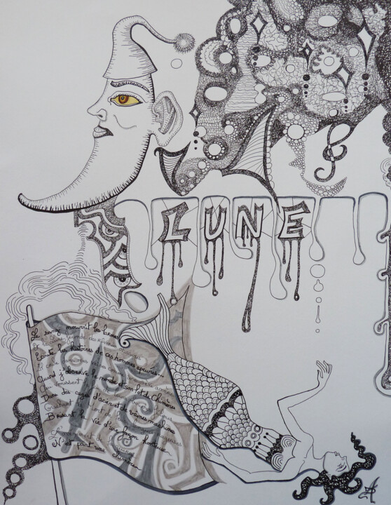 Drawing titled "Les Larmes lunaires" by Aurélie Sarrazin, Original Artwork, Ink