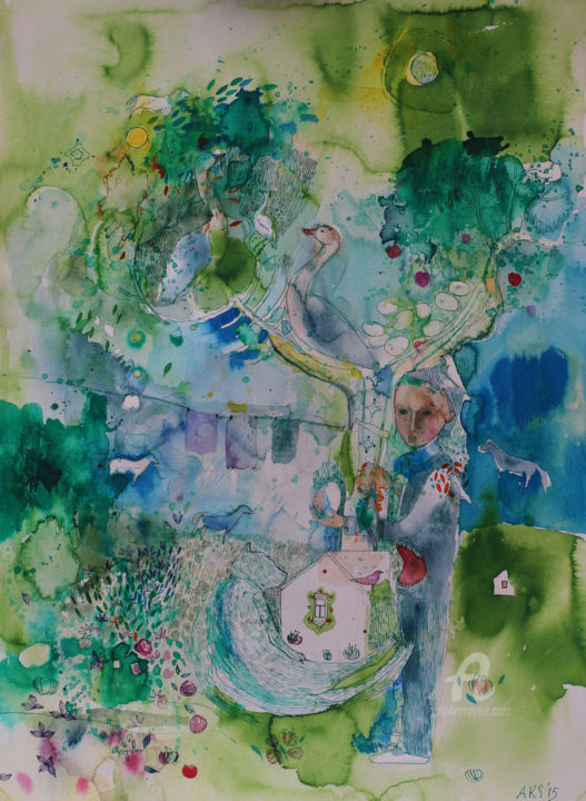 Malerei mit dem Titel "The tree of life" von Aurelija Kairyte-Smolianskiene, Original-Kunstwerk, Tinte