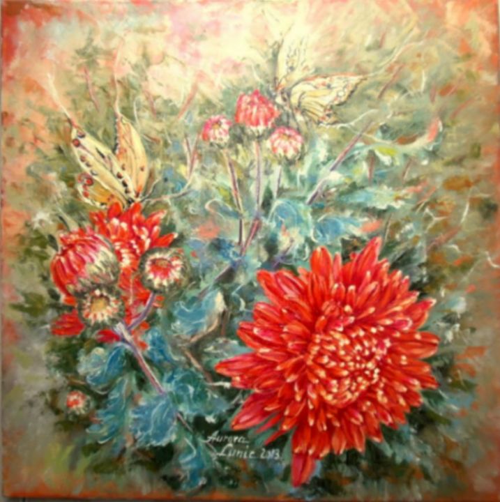 Ζωγραφική με τίτλο "Chrysanthemums 1" από Aurora Lunic, Αυθεντικά έργα τέχνης