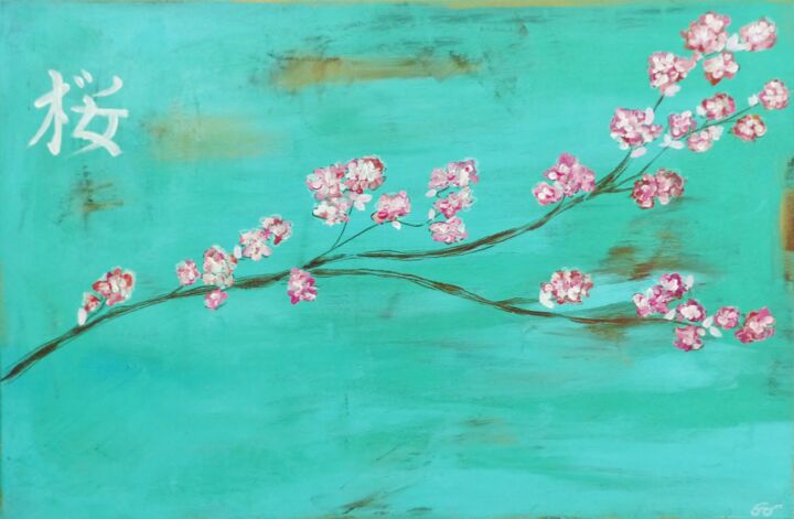 Painting titled "Sakura" by Aurore Griffon, Original Artwork, Acrylic Mounted on Wood Stretcher frame