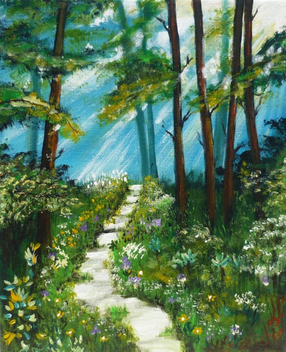 Картина под названием "La forêt enchantée" - Aurore Griffon, Подлинное произведение искусства, Акрил Установлен на Деревянна…