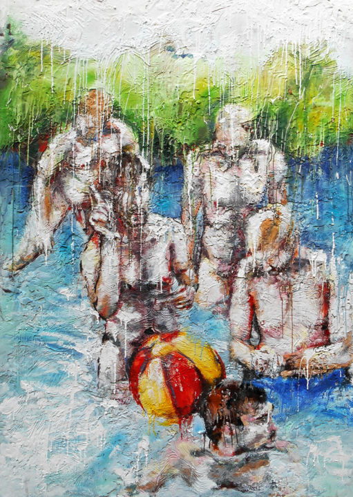 Painting titled "Les baigneurs" by Aurore Lanteri, Original Artwork, Wax Mounted on Wood Stretcher frame