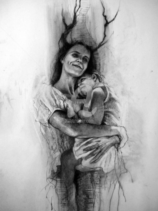 Рисунок под названием "femme et enfant" - Aurore Lephilipponnat, Подлинное произведение искусства, Древесный уголь