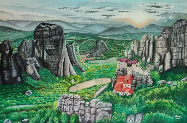Pittura intitolato "Meteora, Geological…" da Ausra Manamangas, Opera d'arte originale, Olio Montato su Telaio per barella in…