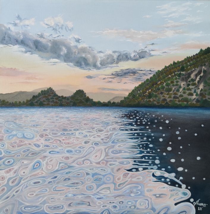 Malerei mit dem Titel "Sunset over Magical…" von Ausra Manamangas, Original-Kunstwerk, Öl Auf Keilrahmen aus Holz montiert