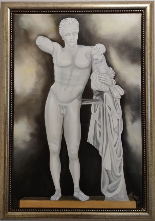 Painting titled "Graceful Hermes" by Ausra Manamangas, Original Artwork, Oil Mounted on Wood Stretcher frame