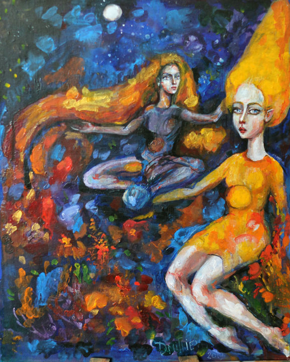 Painting titled "Полет к звездам" by Varvara Dmitrieva, Original Artwork, Tempera