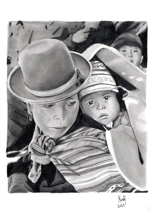Dibujo titulada ""Madre con su hijo"" por Marlii, Obra de arte original, Lápiz