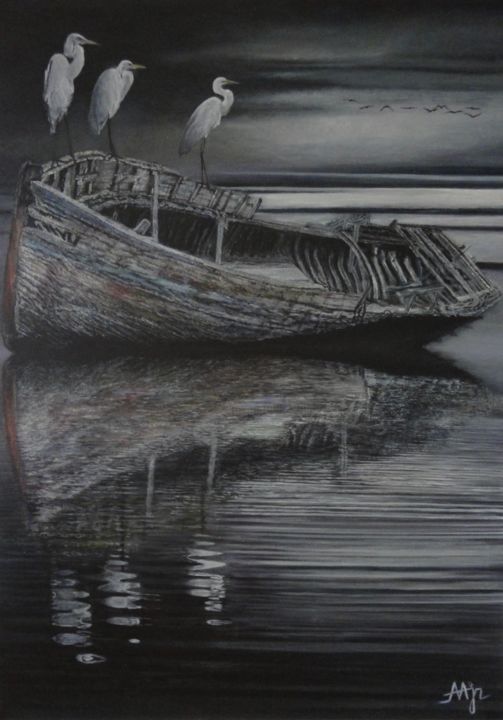 Pintura intitulada "Barco e Garças" por Avelino Araujo Junior, Obras de arte originais, Óleo Montado em Painel de madeira