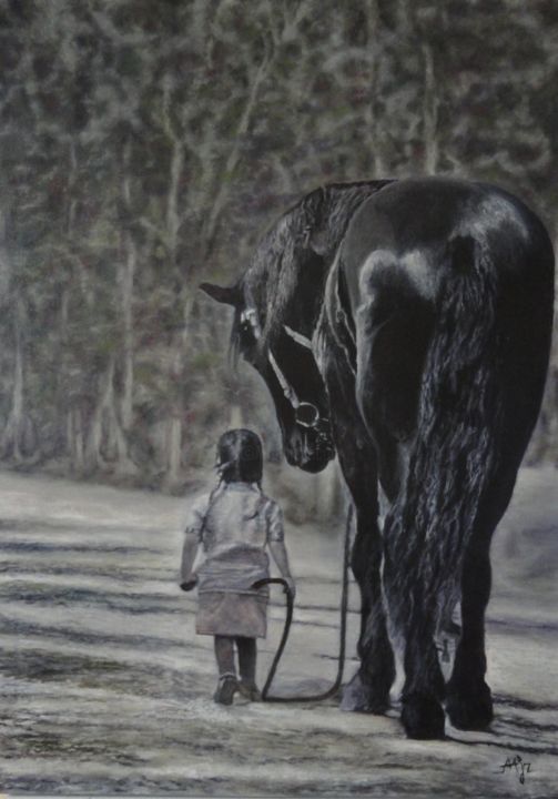 Pintura intitulada "Menina e Cavalo" por Avelino Araujo Junior, Obras de arte originais, Óleo Montado em Painel de madeira
