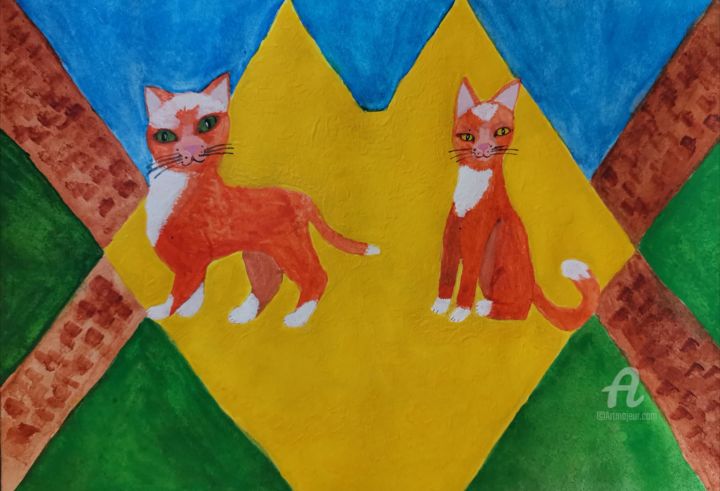 Peinture intitulée "Cats as people, lif…" par Katerina Mi, Œuvre d'art originale, Gouache