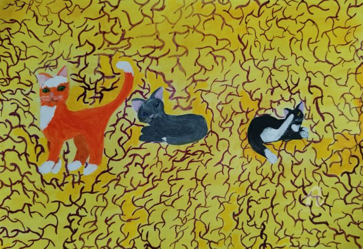 Peinture intitulée "small cats" par Katerina Mi, Œuvre d'art originale, Gouache