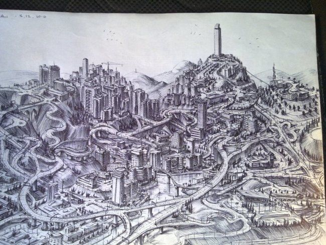 Drawing titled "Vally city" by Avi Wass, Original Artwork