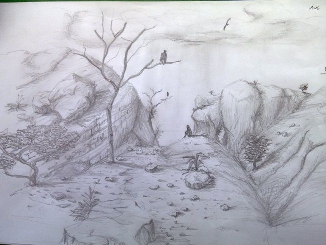Drawing titled "Desert Rain" by Avi Wass, Original Artwork