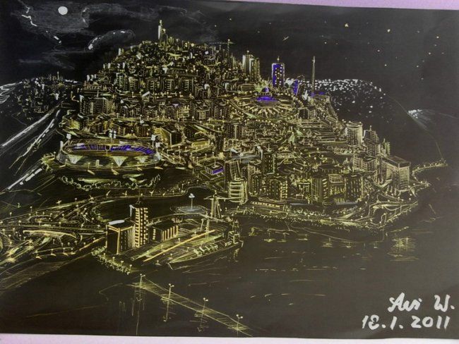 Dessin intitulée "city mt. at night" par Avi Wass, Œuvre d'art originale, Autre